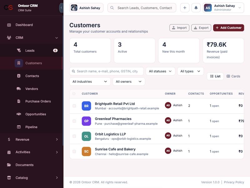 Ontoor CRM — Customer Management