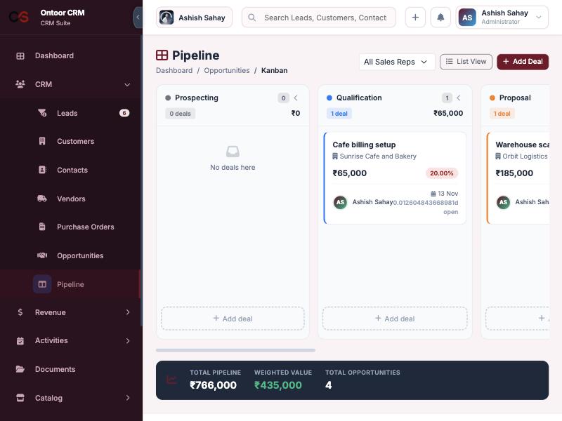 Ontoor CRM — Sales Pipeline Kanban